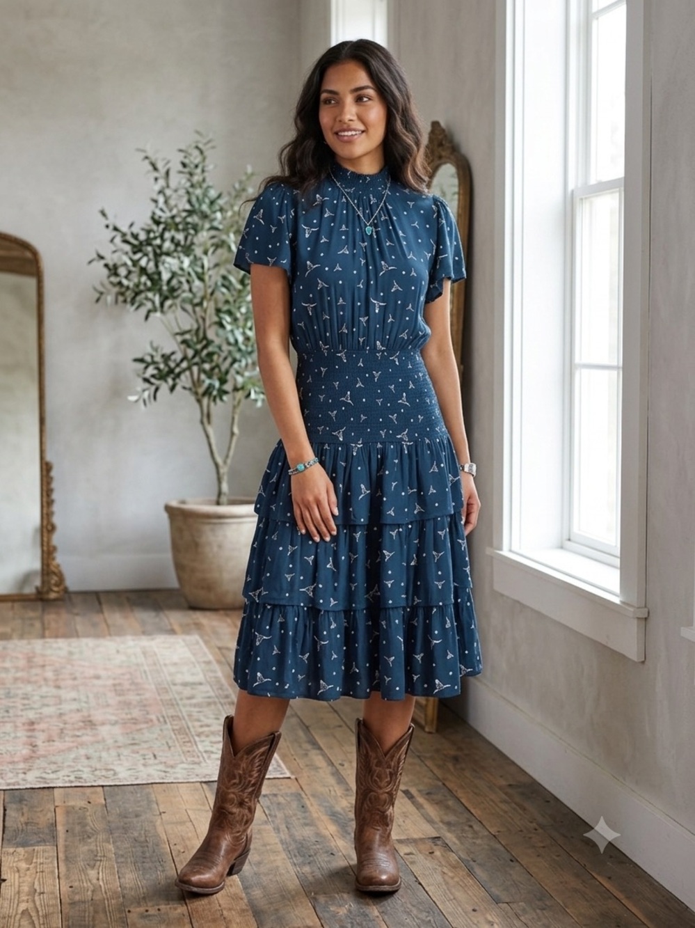 Ariat Steer Me Dress Womens Size 6 Navy Blue Smocked Tiered Longhorn Western